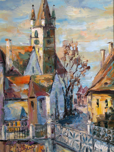 Sibiu – détail du tableau de l’artiste Teodora Liscu « le Pont des Mensonges ».